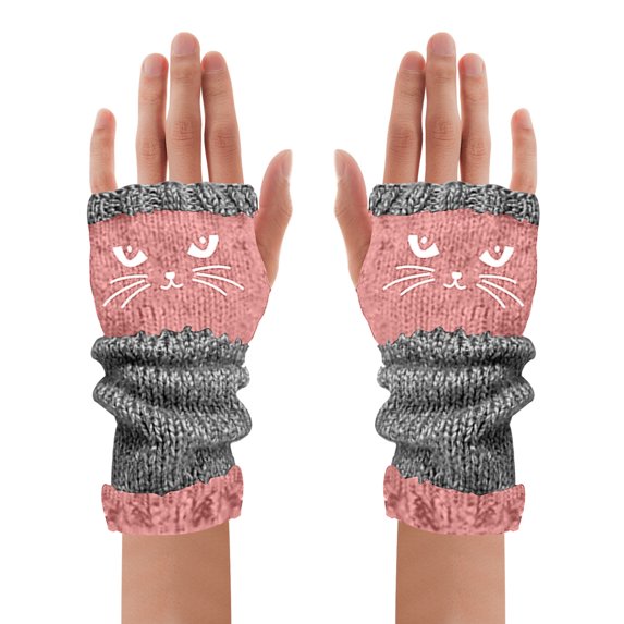 LAMDAWE Women’s Cute Cat Embroidery Splicing Knitted Gloves Winter Warm Comfortable Leaky Finger Gloves Practical Winter Hand Warmers Fingerless Gloves