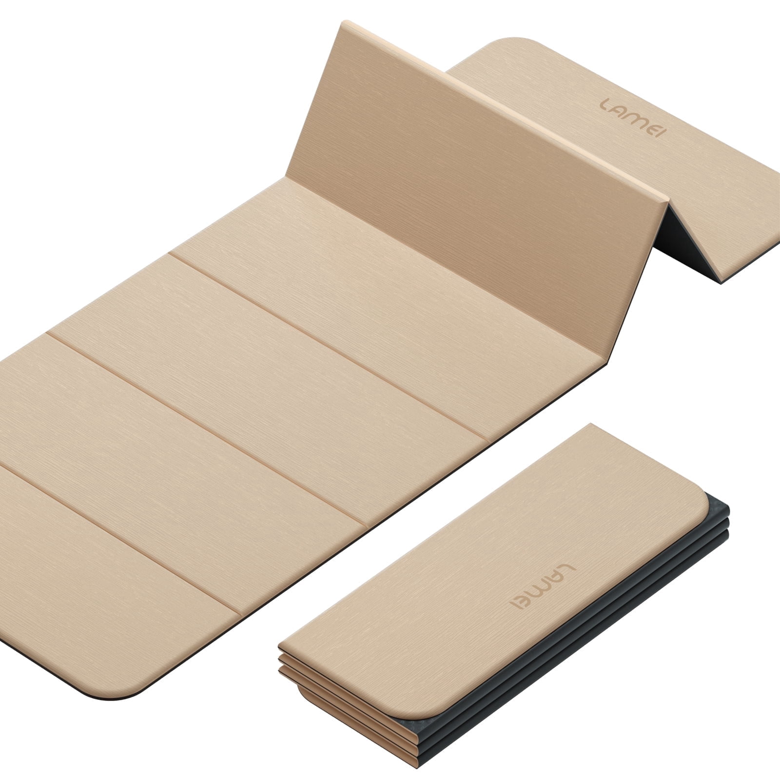 LAMEI 8mm Thick Foldable Yoga Mat - 3-in-1 Folding TPE Non-Slip Mat for All-Level Yoga, Tear-Resistant & Quick-Flat Design, 71x24in (Beige+Black)