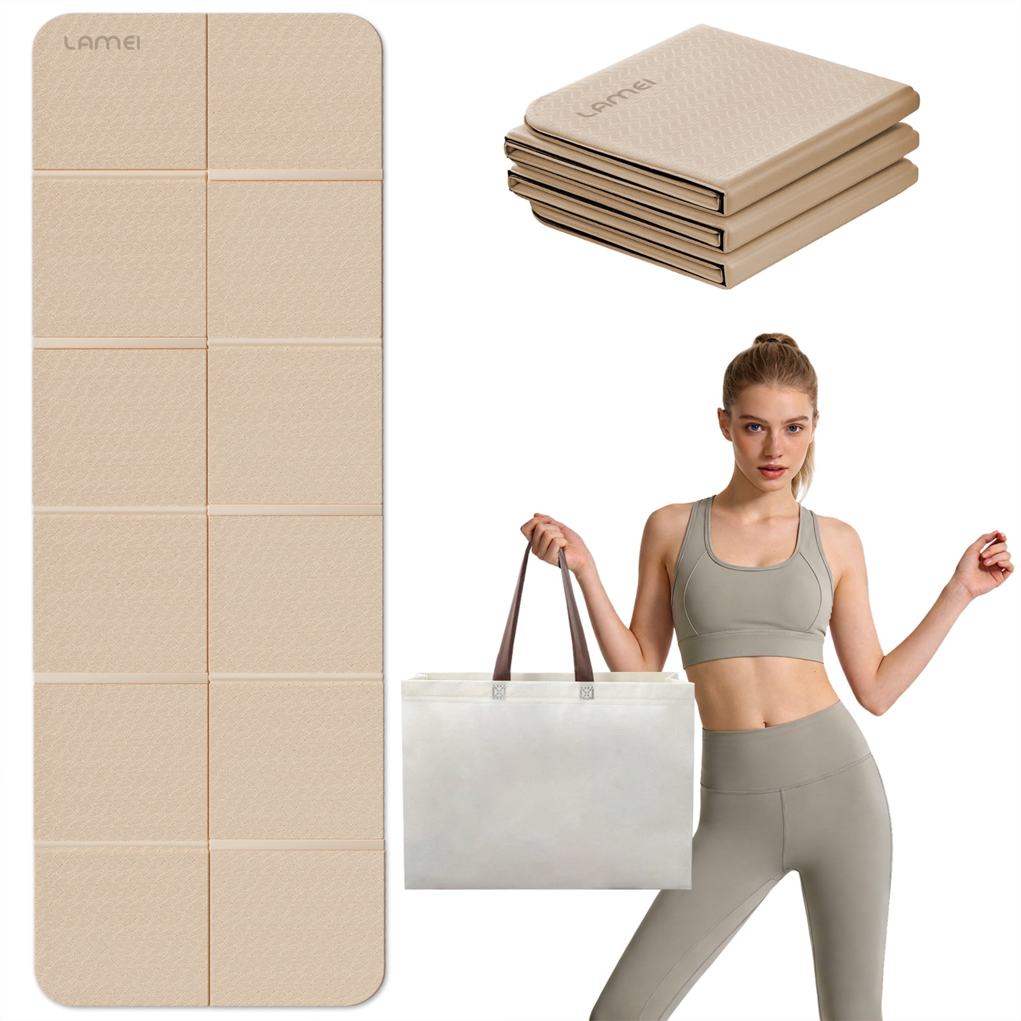 LAMEI Foldable Yoga Mat for Travel, 6mm Thick TPE Pilates Mat Thick, Non Slip Folding Exercise Mats for Home Workout with Bag(Beige+Black)