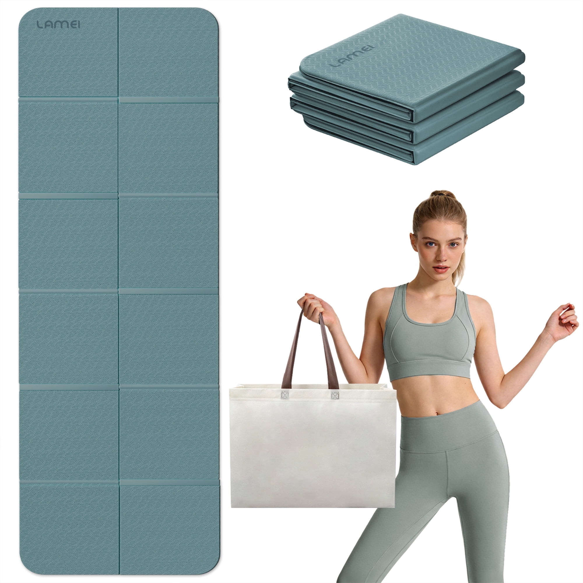 LAMEI Foldable Yoga Mat for Travel, 6mm Thick TPE Pilates Mat Thick, Non Slip Folding Exercise Mats for Home Workout with Bag(Green+Grey)