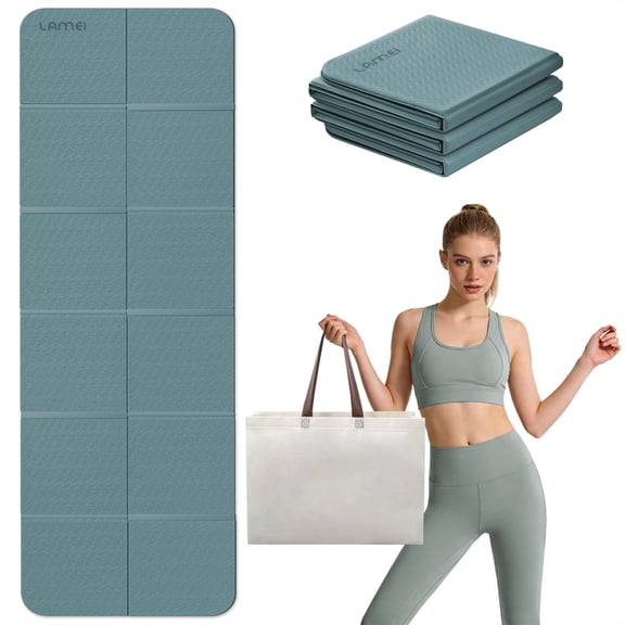 LAMEI Foldable Yoga Mat for Travel, 6mm Thick TPE Pilates Mat Thick, Non Slip Folding Exercise Mats for Home Workout with Bag(Green+Grey)
