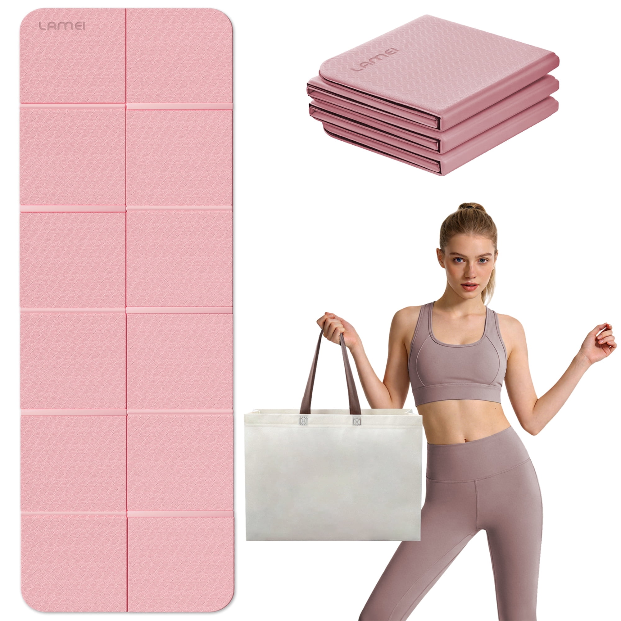 LAMEI Foldable Yoga Mat for Travel, 6mm Thick TPE Pilates Mat Thick, Non Slip Folding Exercise Mats for Home Workout with Bag(Pink+Black)