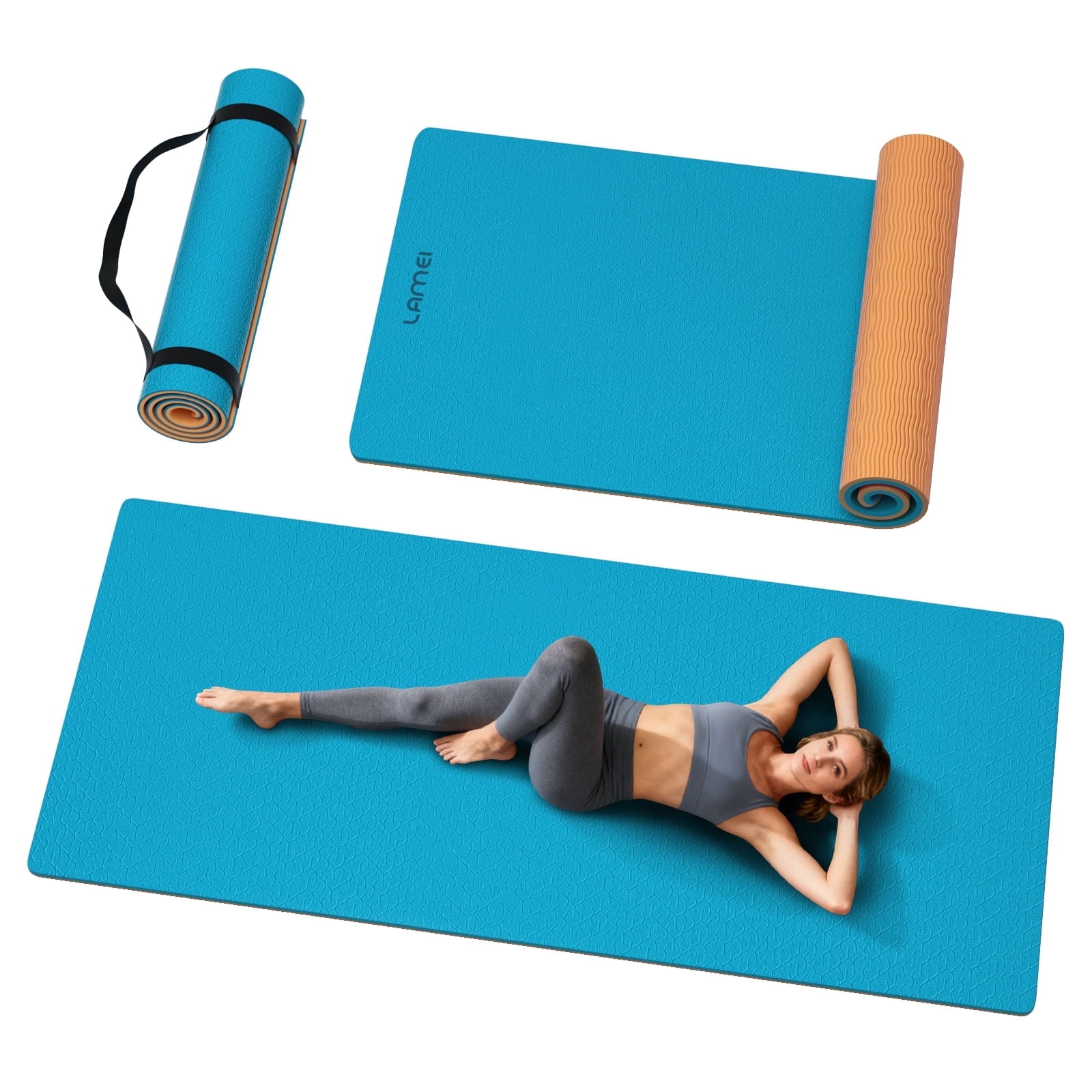 LAMEI Large Yoga Mat Thick Extra Wide And Long, Non-Slip TPE Exercise Mats For Home Workout, Straps For Carrying, Dual-Color in Blue/Orange