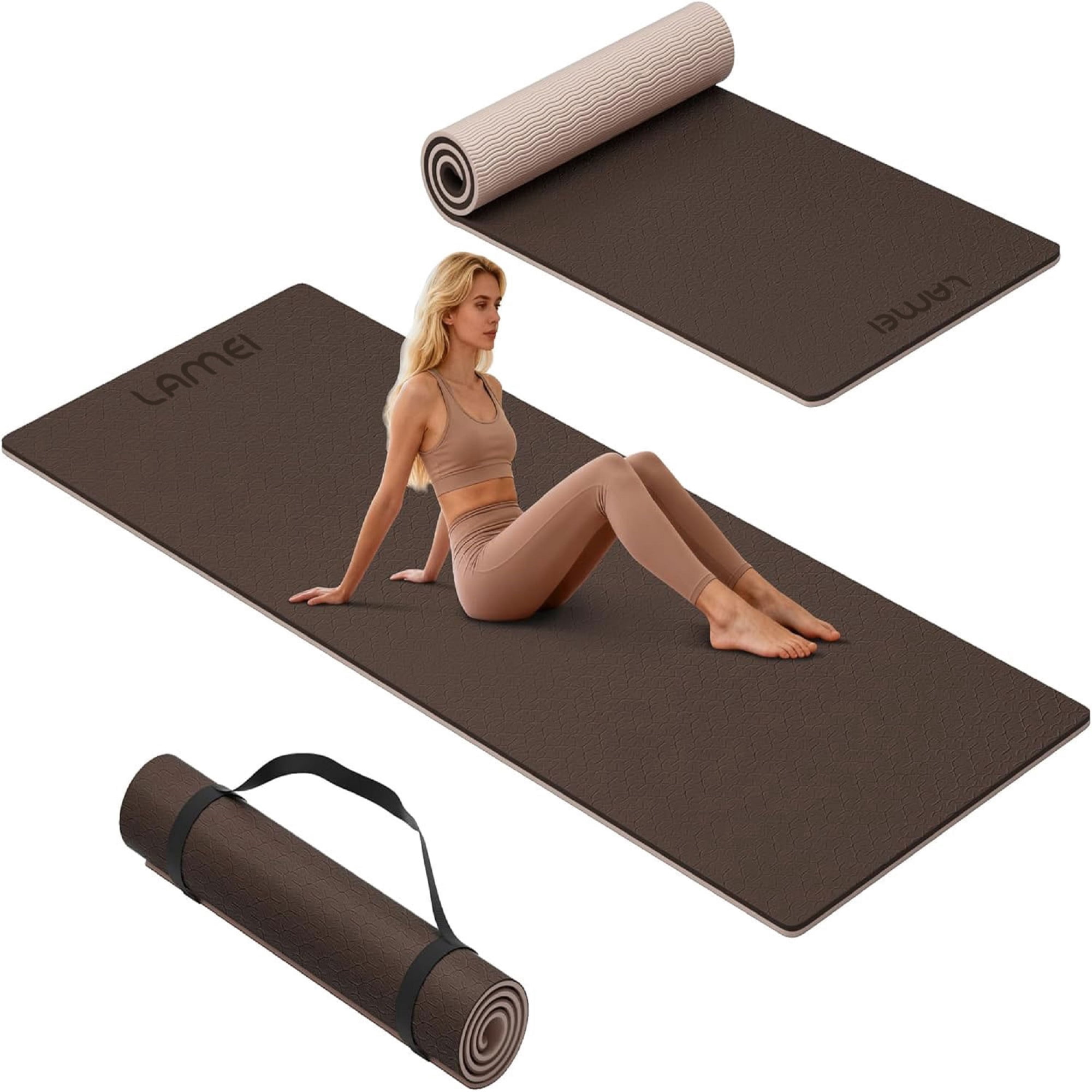 LAMEI Yoga Mat Thick 10mm, 31.5" Extra Wide for Men and Women, Non-Slip TPE Exercise Matt, Two Tone Fitness Mats with Straps for Carrying(Brown+Beige)