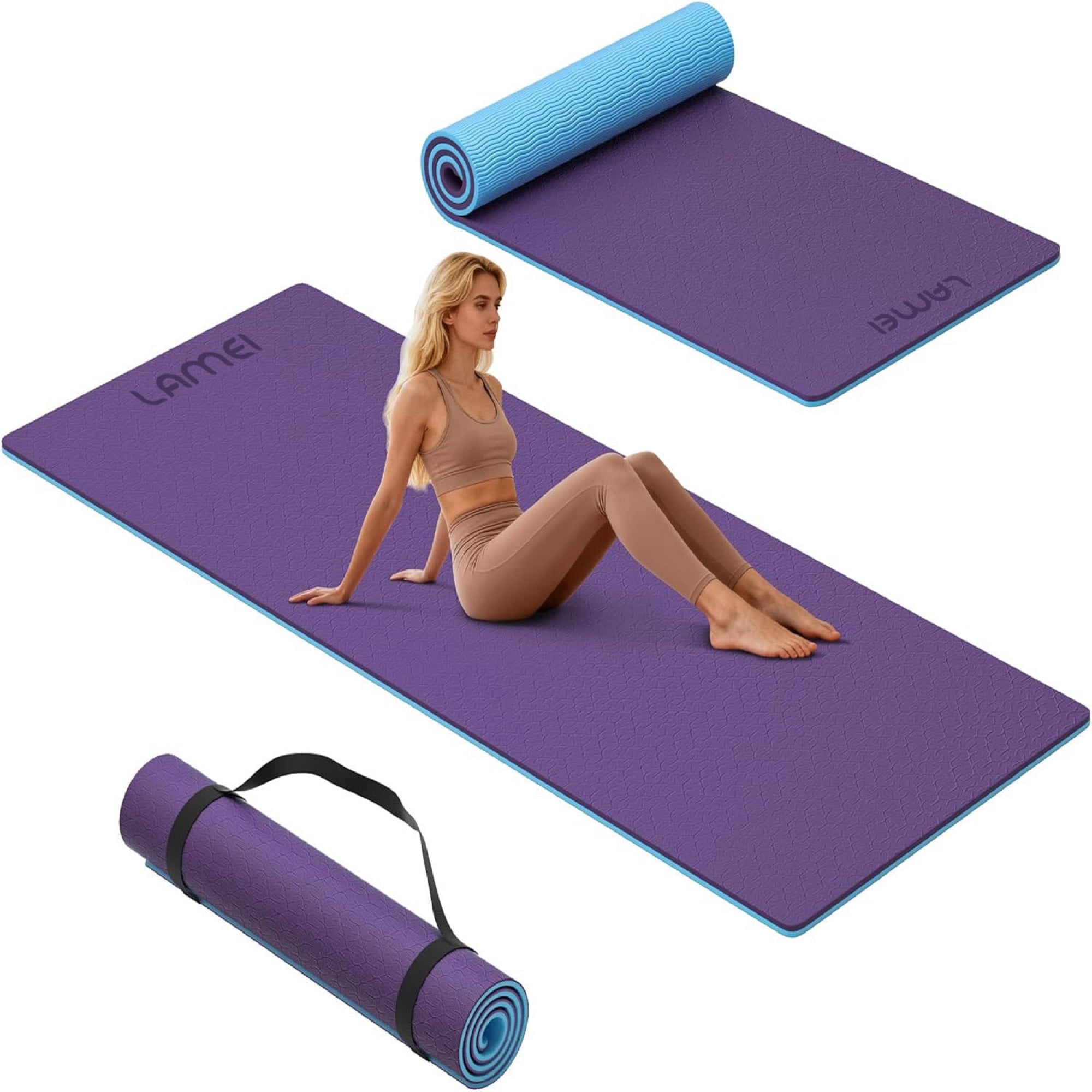 LAMEI Yoga Mat Thick 10mm, 31.5" Extra Wide for Men and Women, Non-Slip TPE Exercise Matt, Two Tone Fitness Mats with Straps for Carrying(Purple+Blue)