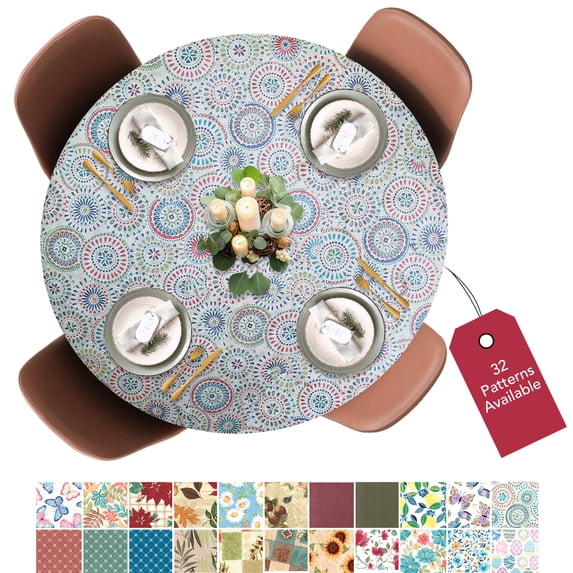 LAMINET Deluxe Elastic Edged Flannel Backed Vinyl Fitted Table Cover - Multi-Color Geometric Medallion Pattern - Large Round - Fits Tables up to 45" - 56" Diameter