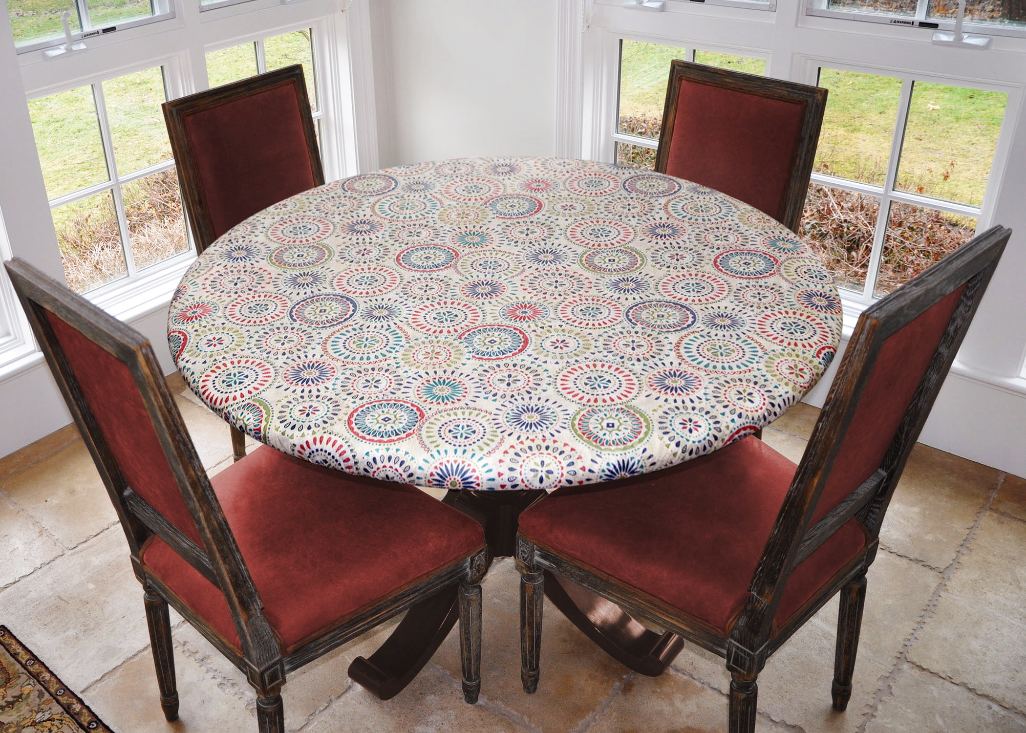 Large Round Multicolor Vinyl Fitted Table Cover with Geometric Pattern