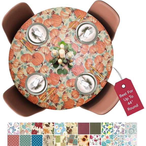 LAMINET Deluxe Elastic Edged Flannel Backed Vinyl Fitted Table Cover - Pumpkin All Over Pattern - Small Round Oblong Oval - Fits Tables up to 40” to 44” Diameter ETPUM48