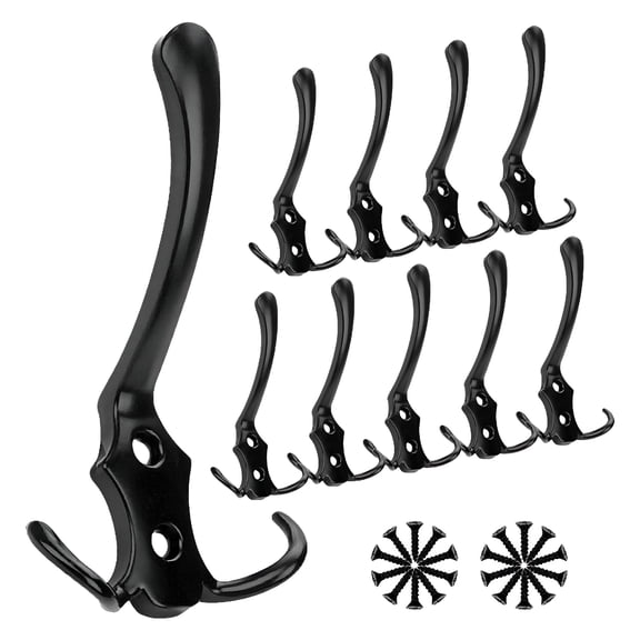 LAMIRO 10Pcs Large Coat Hooks Heavy Duty Three Prongs Wall Mounted With Screws Hat Hook Utility Double Hooks Metal Wall Hooks For Kitchen Bathroom Hanging Coats Towel Backpack Curtain