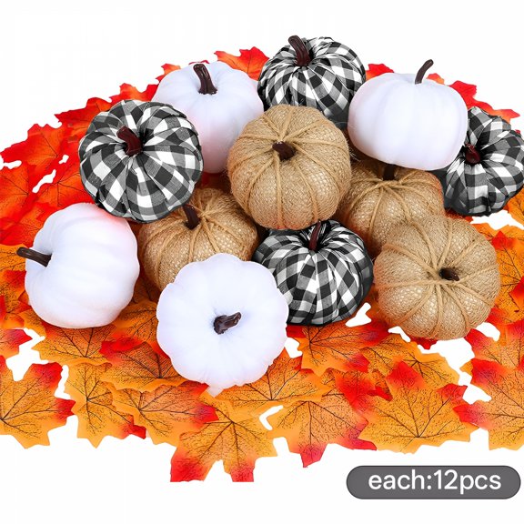 LAMIRO 12 Pcs Mixed Artificial Pumpkins, Paintable White Fake Pumpkin Plaid Fabric Burlap Pumpkins for Fall Harvest Wedding Thanksgiving Halloween Indoor Outdoor Decoration Prop