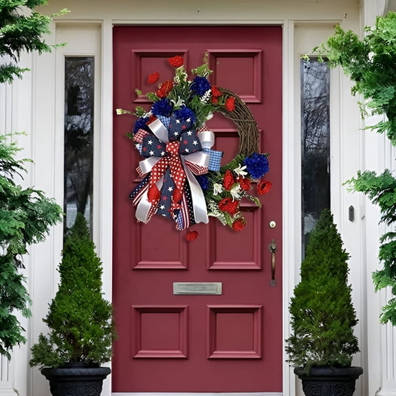 LAMIRO 17.7Inch Rustic Red White And Blue Patriotic Fabric Front Door Wreath With Metal Star Bow  Americana Decoration  Indoor Outdoor 4th Of July Home Decor
