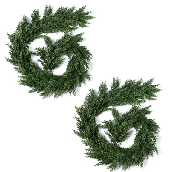 LAMIRO 2 Pack Christmas Cedar Pine Cypress Vines Faux Evergreen Cascade Garland for Indoor Outdoor Table Stairs Winter Decoration Cedar Christmas Garland(6 Ft)