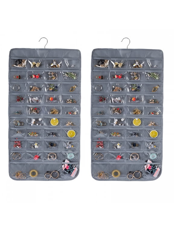 2 Pack Hanging Jewelry Organizer, 80 Pockets, Earring Holder Organizer for Women Girls, Hanging Jewelry Organizer for Closet,Gray
