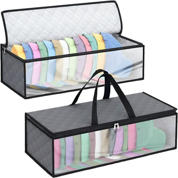 LAMIRO 2 Pack Hat Storage Bag for Baseball,Caps Hat Organizer Case Hat Holder Rack with 2 Carry Handles for Closet Moisture & Dust Proof Holds Up to 20 Hats (Grey)