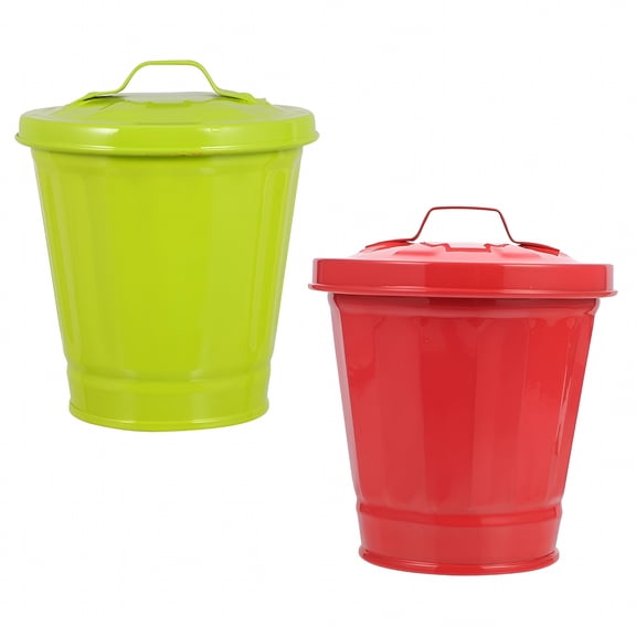 LAMIRO 2 Pack Mini Metal Trash Can with Lid, Small Desktop Dumpster, Cute Cartoon Garbage Bin for Office and Bathroom