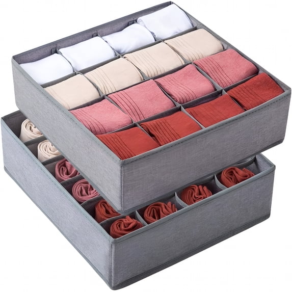 LAMIRO 2 Pack Sock Organizer Underwear Organizer,40 Cell Sock Drawer Organizer Fabric Foldable Cabinet Closet Organizers and Storage Boxes,Underwear,Tie,Belt,Baby Clothes(16+24 Cell,Gray)