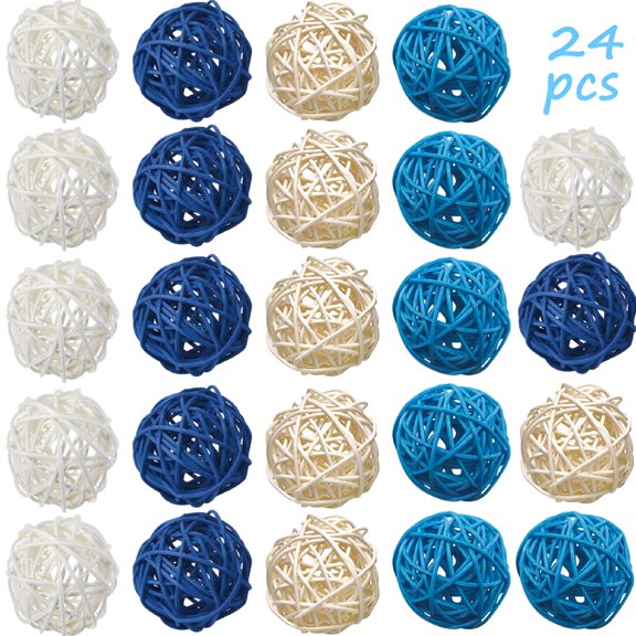 LAMIRO 24 Pack 2 Inch Rattan Ball Wicker Balls,Decorative Balls for Craft,Party,Valentine's Day,Wedding Table Decoration (Natural Wood,White,Dark Blue,Blue)