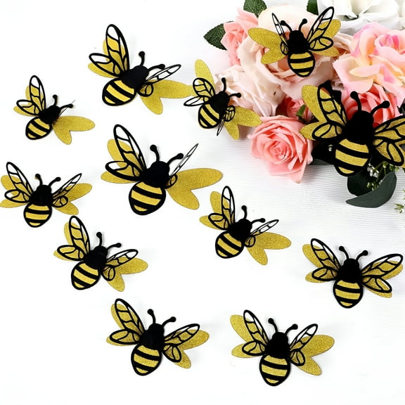 LAMIRO 24 Pcs 3D Bee Decorations 2 Size Double Layer Glitter Honey Bee Stickers Wall Decor Realistic Shining Tiny Bumble Bees Cutouts Decals for Home Party Classroom Outdoor Themed Decor