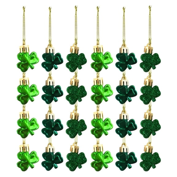 LAMIRO 24 Pieces St Patrick's Day Shamrocks Ornament for Tree Mini Clover Decorations Lucky Irish Green Trefoil Hanging Bauble for St Patricks Day Table Shelf Festival Decoration (Glossy & Glitter)