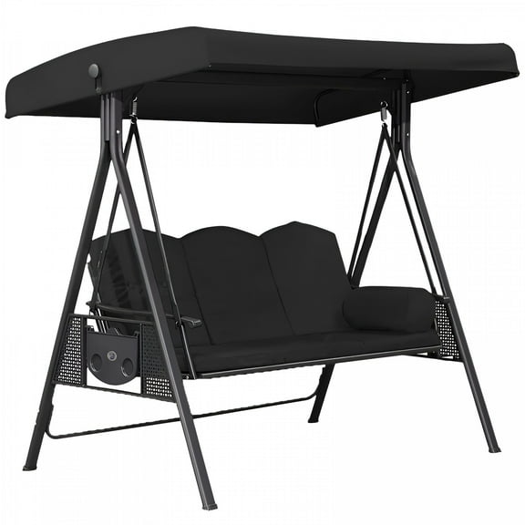 LAMIRO 3 Seat Outdoor Porch Swing with Adjustable Canopy,Convertible Patio Swing Bed with Stand,Patio Glider Swing with Upgraded Cup Holder (Top + Seating,No Iron Chair Included)