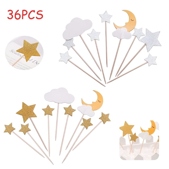 LAMIRO 36Pcs Moon Star Glitter Cupcake Toppers Gold Moon&Silver Star with Blue Bowknot Cake Topper for Birthday Party Baby Shower Gender Reveal Wedding Eid Mubarak Party Decorations