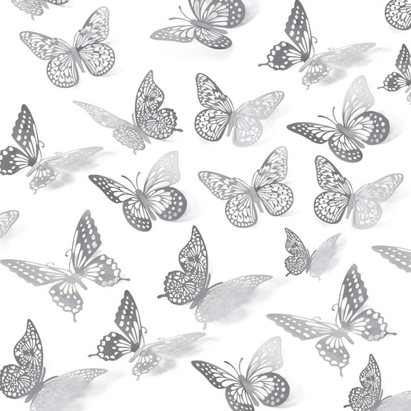 LAMIRO 3D Butterfly Wall Decor 48pcs,Silver Butterfly