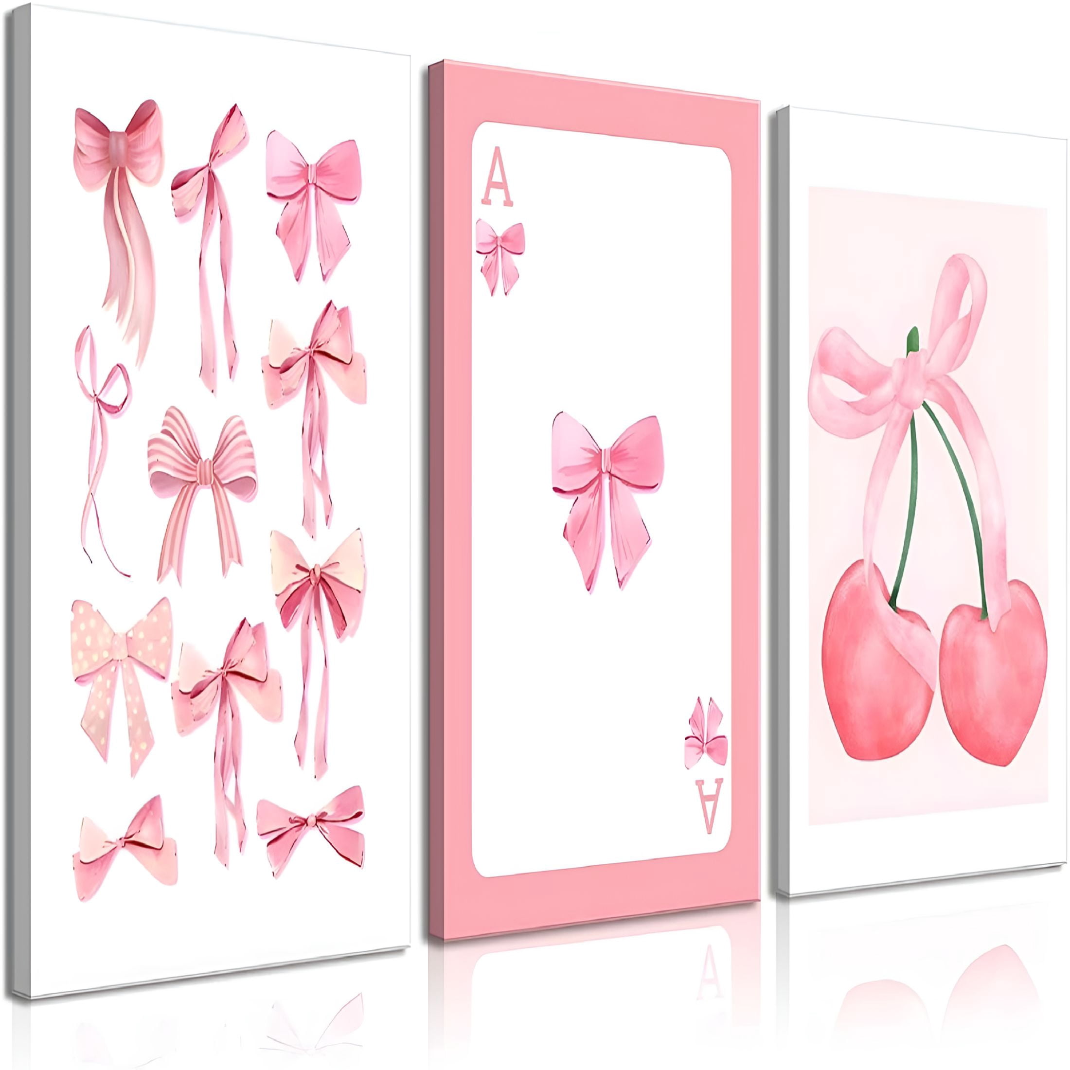 LAMIRO 3Pcs Pink Bows Canvas Wall Art Watercolor Bows Wall Decor Pictures Room Decor Aesthetic Posters Prints for College Apartment Bedroom Decoration 12x16in