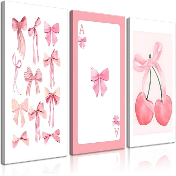 LAMIRO 3Pcs Pink Bows Canvas Wall Art Watercolor Bows Wall Decor Pictures Room Decor Aesthetic Posters Prints for College Apartment Bedroom Decoration 12x16in