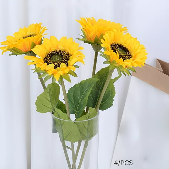 LAMIRO 4 Bunches Artificial Sunflower Bouquets,Fake Sunflowers with Stems,Silk Wildflowers Realistic Yellow Faux Sun Flowers for Wedding Decorations Fall Floral Arrangements Home Garden