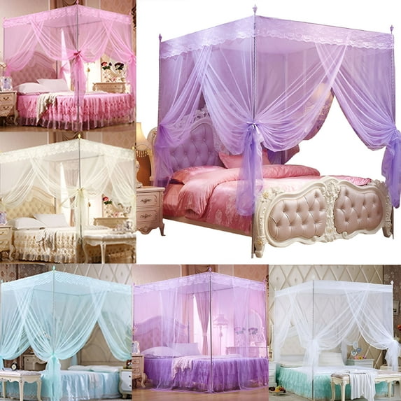 LAMIRO 4 Corners Post Canopy Bed Curtains,Cozy Drape Canopy Bed Frames Netting for Twin Full Queen King Bed - Cute Princess Lace Bedroom Decoration
