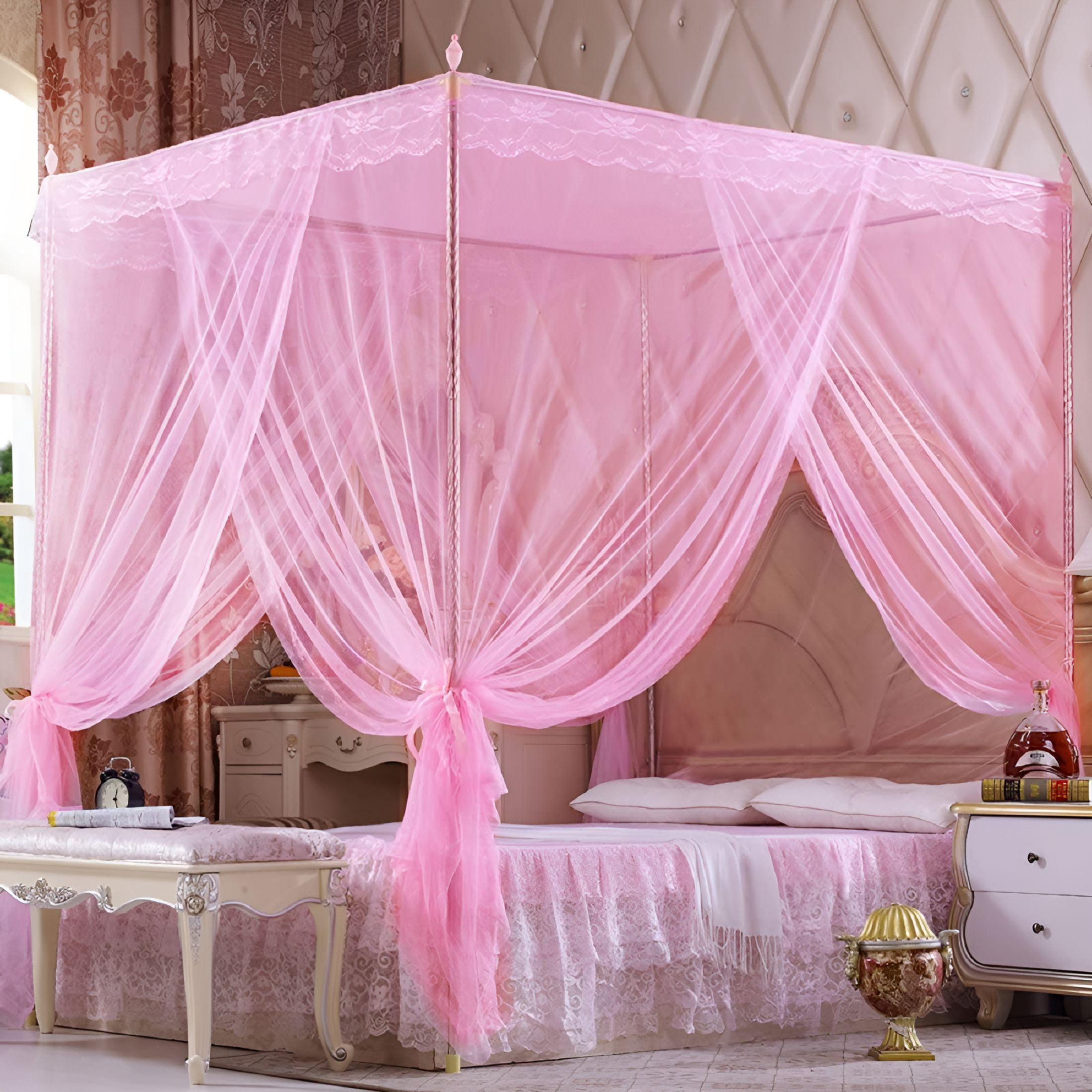 LAMIRO 4 Corners Post Pink Canopy Bed Curtain for Girls&Adults - Cute Cozy Drape Square Netting - 4 Opening - Princess Bedroom Decoration(Full,Pink)