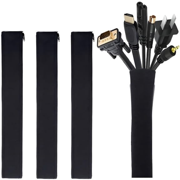 LAMIRO 4 Pack Cable Management Sleeve, 50*11cm Cord Organizer System with Zipper for TV Computer Office Home Entertainment, Flexible Cable Sleeve Wrap Cover Wire Hider System - Black