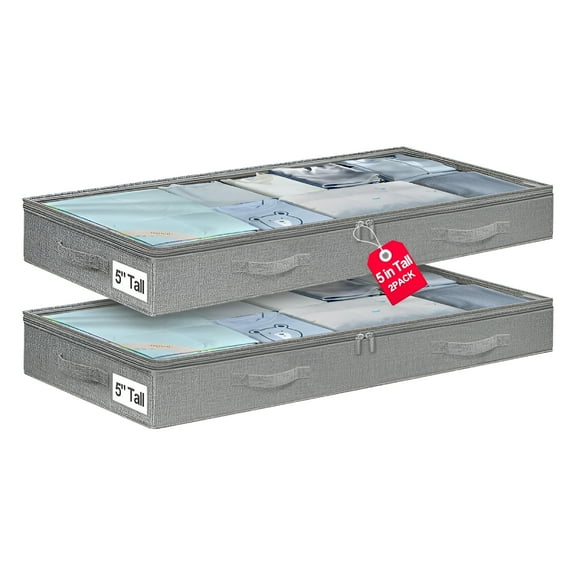 LAMIRO 5 Inches High Low Profile Under Bed Storage Containers, Soft Fabric Zippered Underbed Storage Bins for Clothes and Blankets Fits Under Crib, Couch Or Dorm Bed, 2-Pack, Grey
