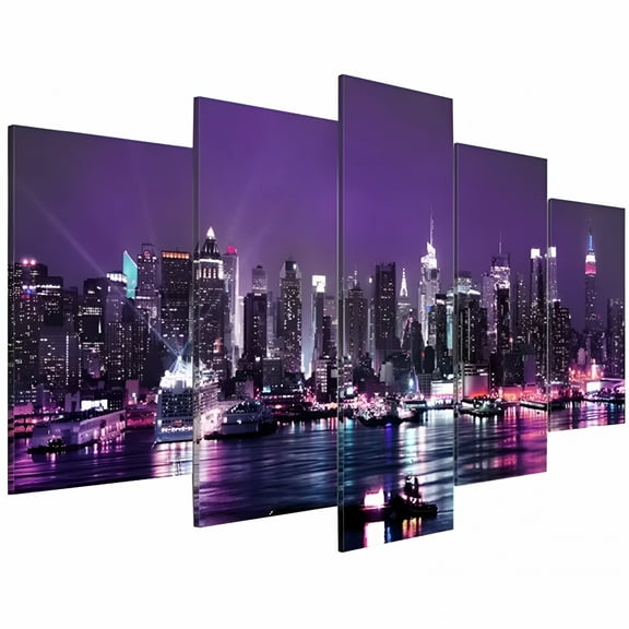LAMIRO 5 Pcs Canvas Wall Art Decor Picture Simple Fashion Decorative Painting Wall Painting New York Picture Wall Decor for Living Room Bedroom Home Office Decoration Home Decor Purple Wall Decor