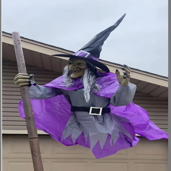 LAMIRO 6 Ft Fun Halloween Flying Witch Outdoor Hovering Witch Holding Broom Props with Scary Sounds & Lights Scary Animated House Decor for Garden Yard Outside Indoor