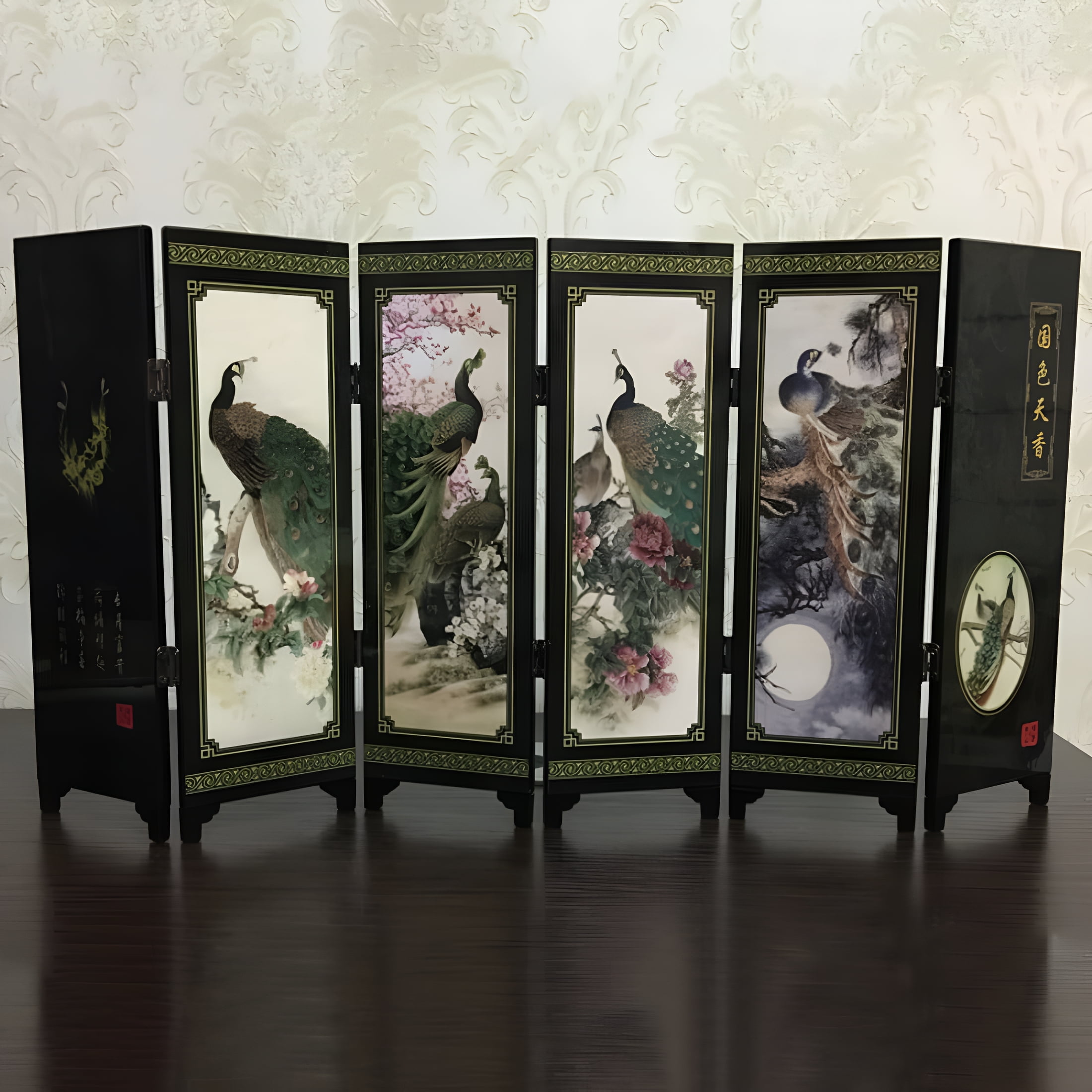 LAMIRO 6-Panel Peacock Screen Room Divider Wood Folding Partition
