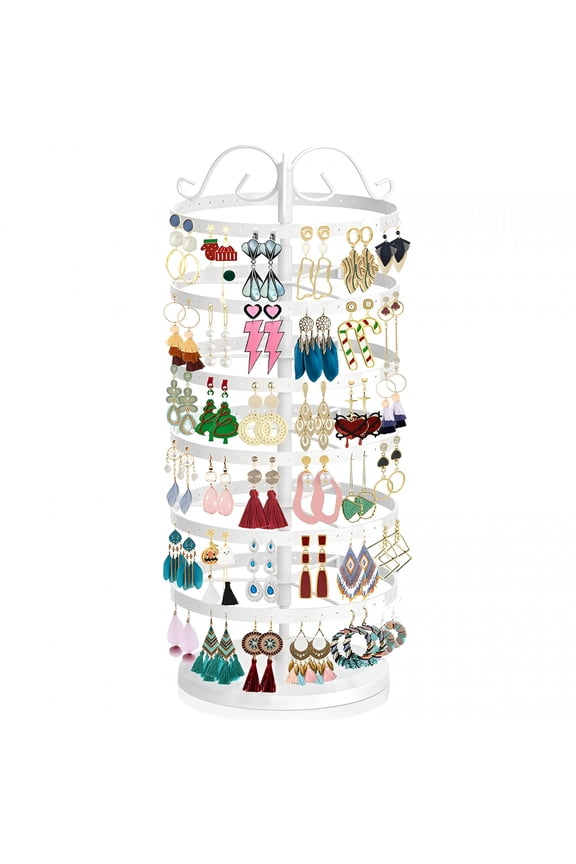 6 Tier Metal Rotating Earring Holder Organizer, 264 Holes Earring Storage Display Tower Rack, Adjustable Earring Tree Organizer for Women Girl (White)