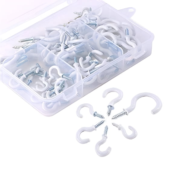 LAMIRO 70 Pack White Cup Hooks with Screws, Vinyl Coated Screw Eye Hooks for Outdoor String Lights, Hanging Mugs, 6 Sizes