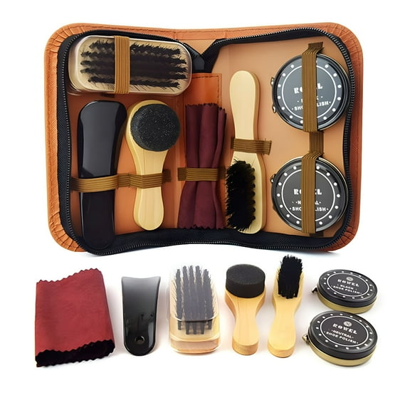 LAMIRO 8 Pcs/Set Shoes Care Kit Portable for Boots Sneakers Cleaning Set Brush Shine Polishing Tool for Leather Shoes (brown)