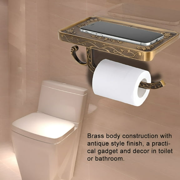 LAMIRO Antique Vintage Brass Toilet Bathroom Paper Holder Phone Shelf Wall Mounted Antique Color