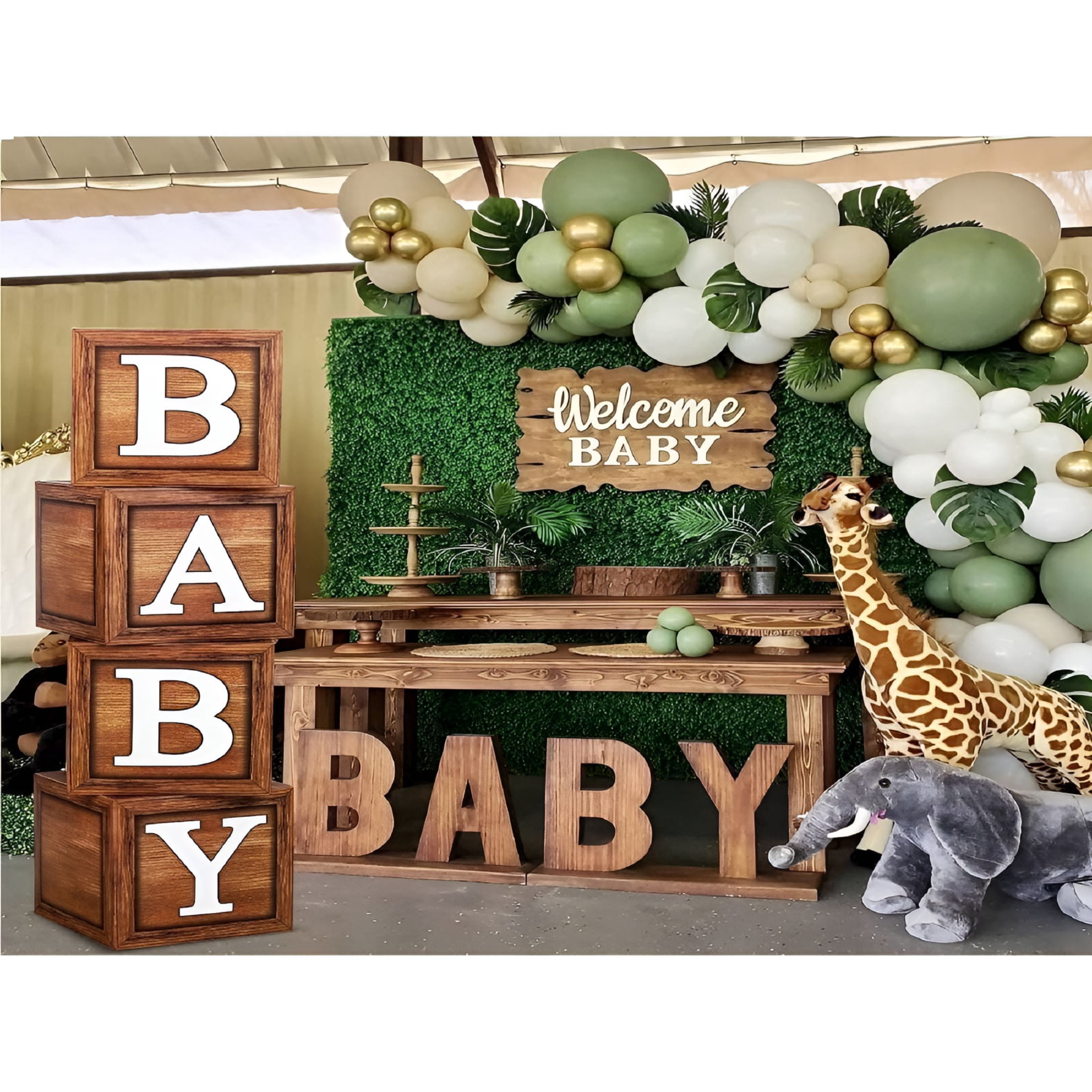 LAMIRO Baby Shower Boxes Party Decorations-4 Wood Grain Brown Blocks ...