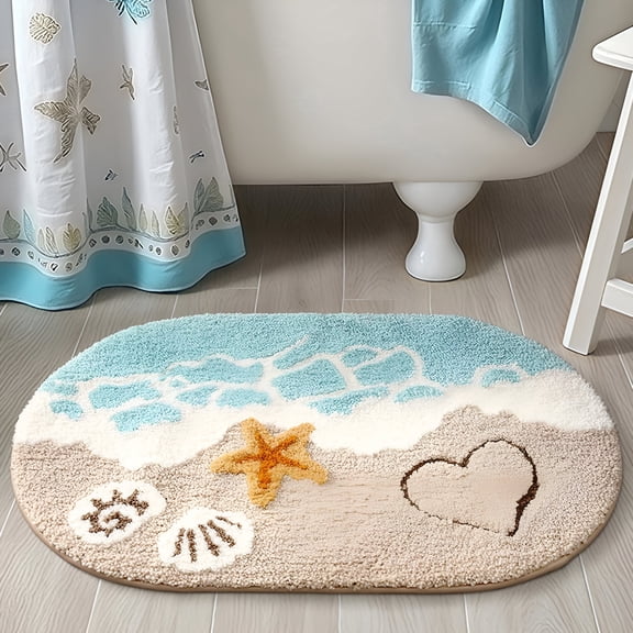 LAMIRO Beach Bathroom Rugs Coastal Seashell Bath Mat Funny Extra Soft Tufted Quick Dry Bath Mats for Bathroom Ocean Wave Starfish Decor Carpet Shower Non Slip Bath Rug