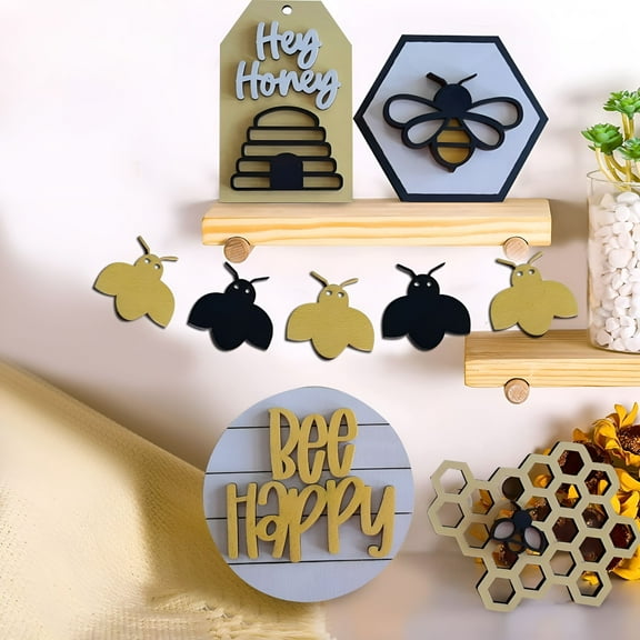 LAMIRO Bee Tiered Tray Decor Wood Sign Spring Summer Honey Yellow Honeycomb Layered Tray Ornament Rustic Farmhouse Table Signs Home Decor