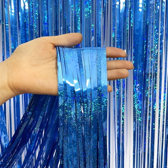 LAMIRO Blue Fringe Curtain Party Decorations 2 Pack, Foil Fringe Backdrop Curtains for Birthday Wedding Bridal Shower Holiday Party Decor, Photo Booth Background