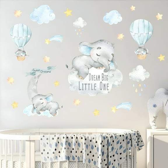 LAMIRO Blue Watercolor Boy Elephant Wall Decals,Sweet Dream Big Little One Sticker Moon Hot Air Balloon Star Nursery Decor,Home Baby Shower Room Decoration Kid Toddler Crib Bedroom Playroom Art Gift