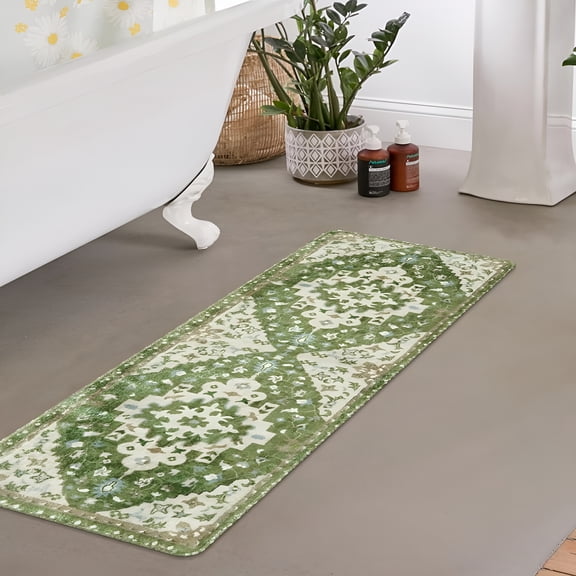 LAMIRO Boho Retro Bathroom Runner Sage Green Non-Slip Soft Long Bathroom Rugs Runner Oriental Tribal Machine Washable Bath Mat Farmhouse Cute Floral Bath Rug for Sink Tub Kids Room,18x47"