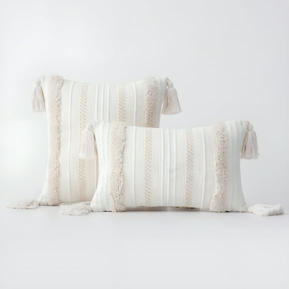 LAMIRO Boho Woven Tufted with Tassel Series Decorative Throw Pillow,18" x 18",Stripe,2 Pack