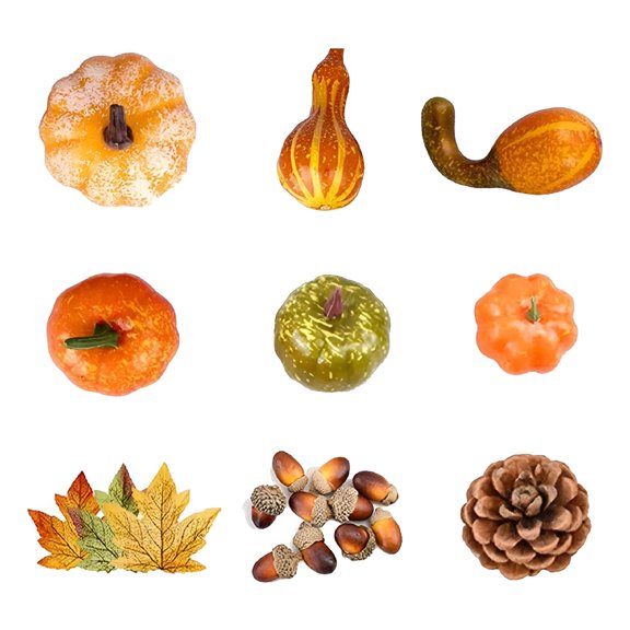 LAMIRO Bulk Assorted Harvest Artificial Pumpkins Foam Pumpkin with Maple Leaves,Acorn Set for Fall Autumn Halloween Decoration Party Home Decor 70pcs