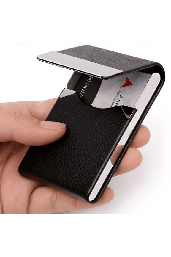 Business Card Holder, PU Leather & Metal Pocket Slim Name Card Organizer Wallet Case with Magnetic Closure for Men and Women - Black/Black Thread