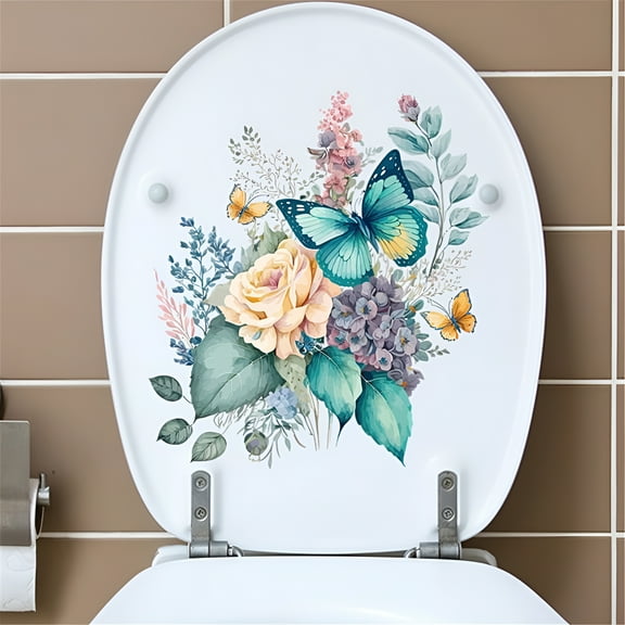 LAMIRO Butterfly Flowers Bathroom Toilet Wall Sticker Self-Adhesive Waterproof Decals for Restroom WC Toilet Lid Decorations